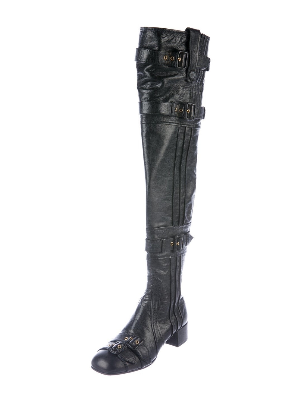 Prada Black Over-the-Knee Leather Buckle Boots